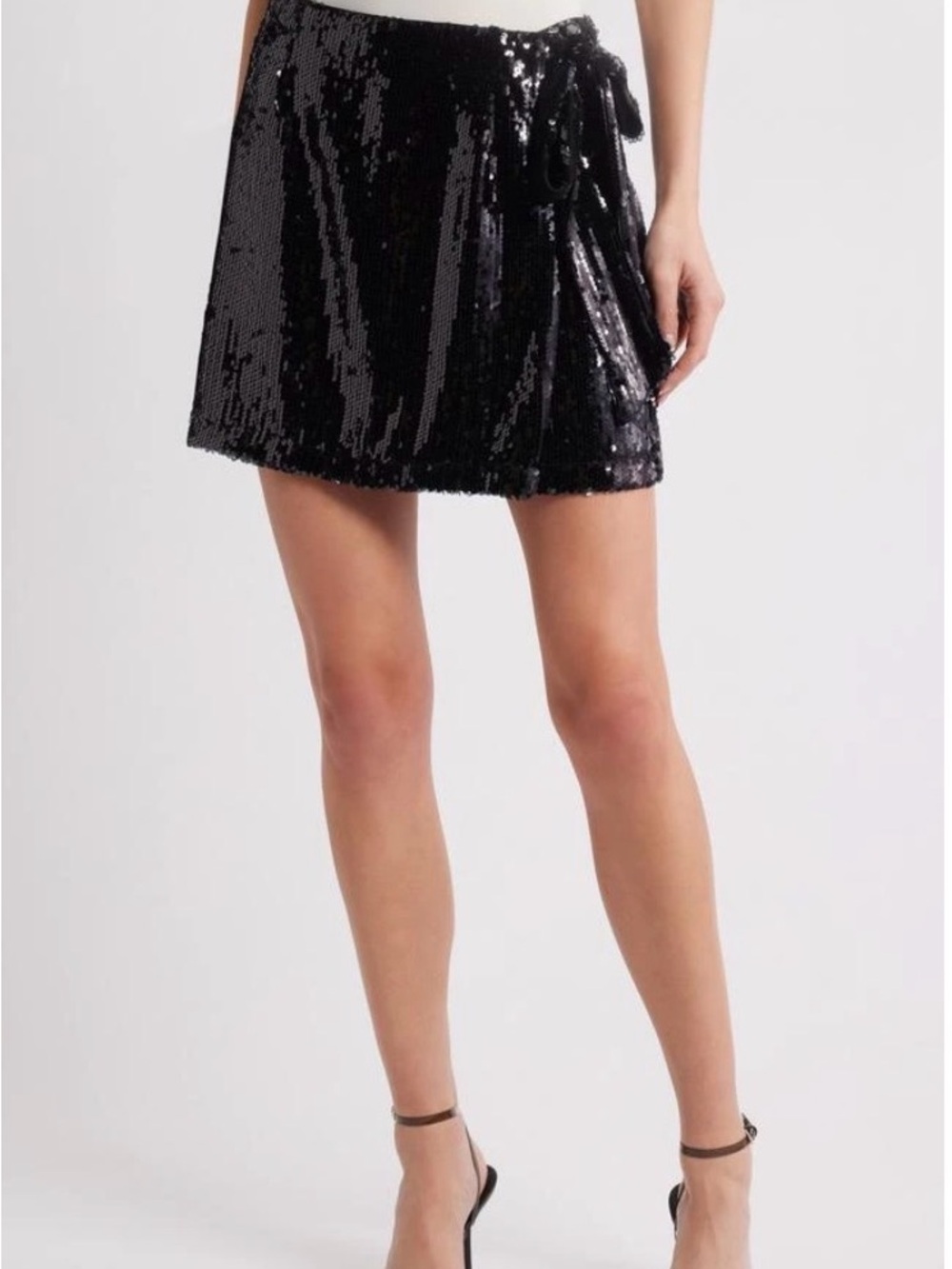 Wayf Black Sequin Wrap-Tie Mini Skirt